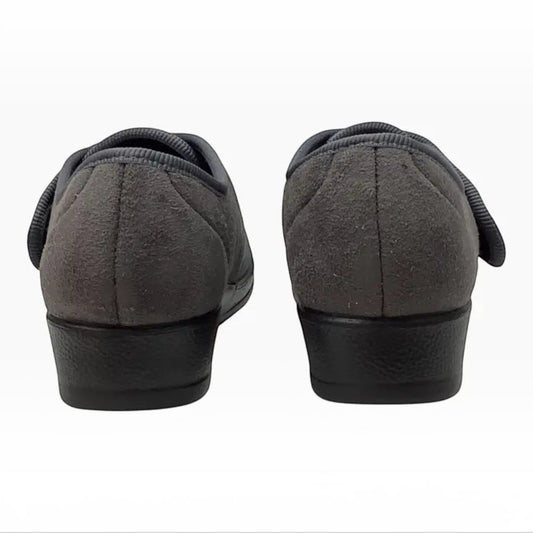 The Shoe Shop Fly Flot anthracite grey orthotic house shoes with velcro closure and non-slip soles, rear view.