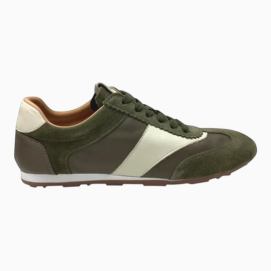 The Shoe Shop Gimpo retro-inspired olive green suede and leather low-cut sneaker with a rugged rubber lug sole.