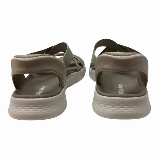 The Shoe Shop Go Walk Flex Glimmer Up sandals in taupe with a slip-in design and cushioned white sole