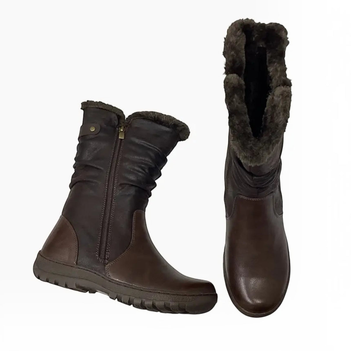The Shoe Shop Goose mid-calf winter boots in dark brown with faux-fur lining, side zipper, and non-slip sole.
