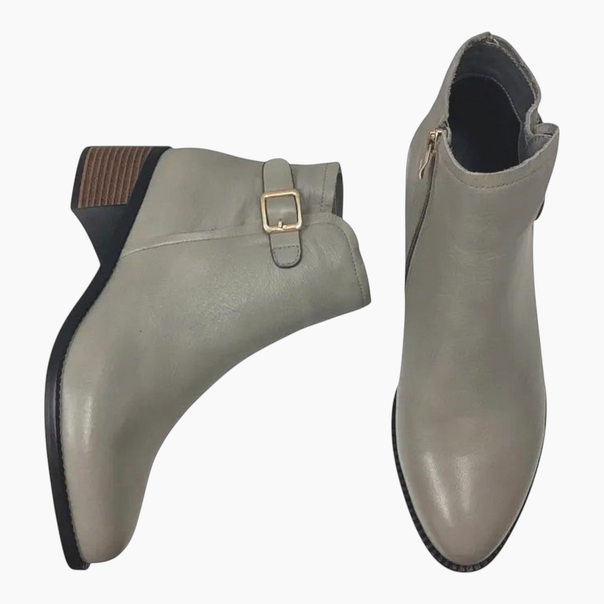 The Shoe Shop Belle Scarpe Rayna grey leather ankle boots with side buckle, almond toe, and low stacked block heel.