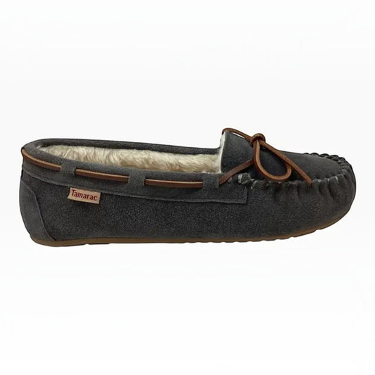 The Shoe Shop Tamarac Molly grey suede moccasin slipper with plush fleece lining and decorative lace detail
