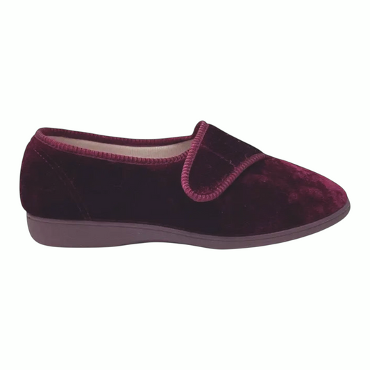 The Shoe Shop Grosby Lilian velvet slipper in deep burgundy with tonal piped trim and a flexible indoor sole.