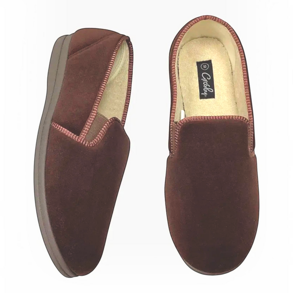The Shoe Shop Grosby Percy chocolate brown velvet slippers with a cushioned insole and slip-on design.