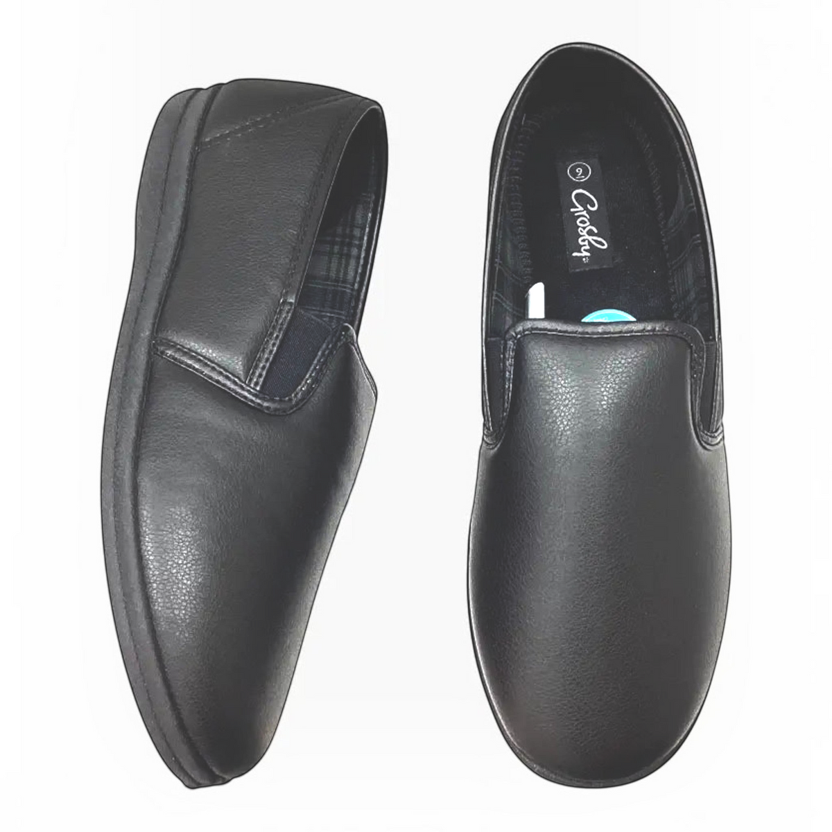 The Shoe Shop Grosby Sterling black faux leather slip-on slippers with elasticated gussets and cushioned insoles.