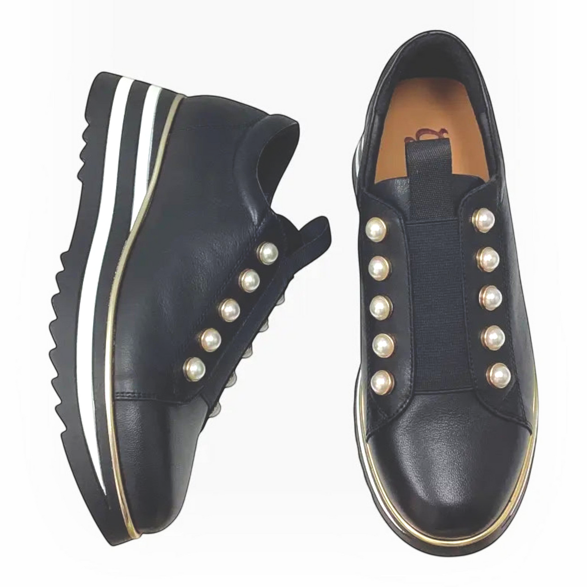 The Shoe Shop Bresley Gyro black leather platform sneakers with pearl-studded straps and striped flatform soles.