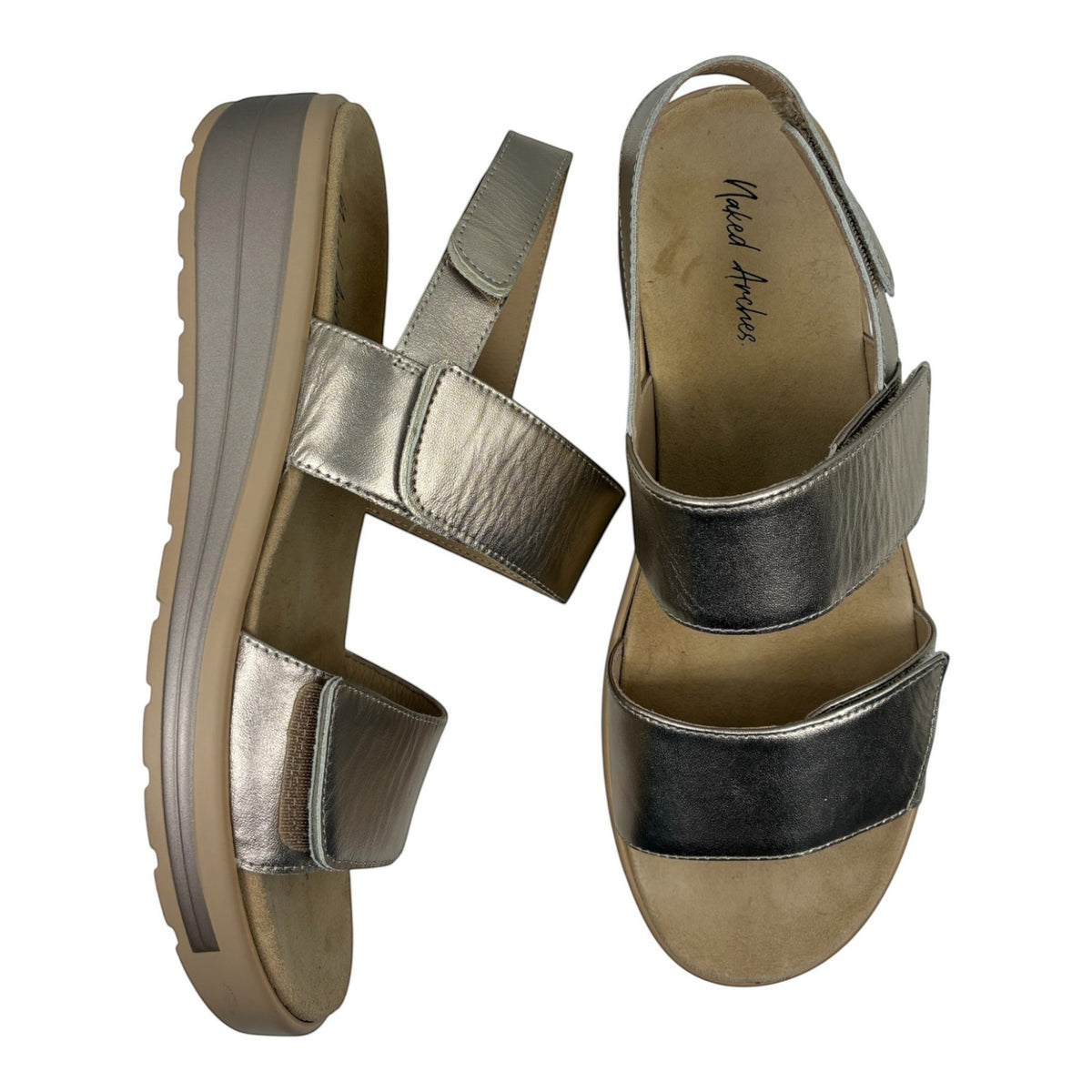 The Shoe Shop Hanza metallic silver leather slingback sandals with adjustable straps and cushioned orthotic footbed