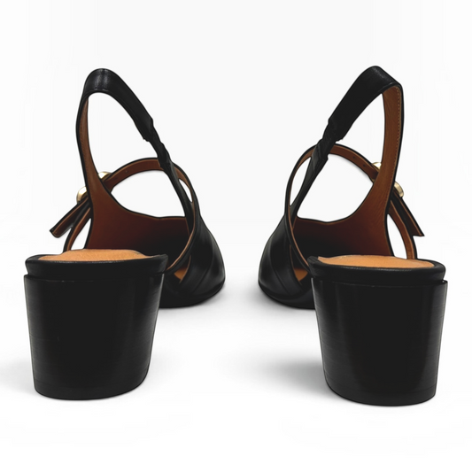 The Shoe Shop Hattis black leather slingback heels with a low block heel and adjustable buckle strap, rear view