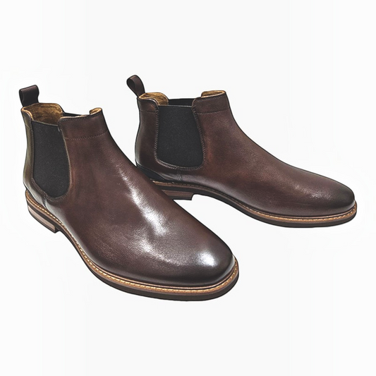 The Shoe Shop Highland Chelsea boots in dark brown leather with elastic side panels and a durable rubber sole.