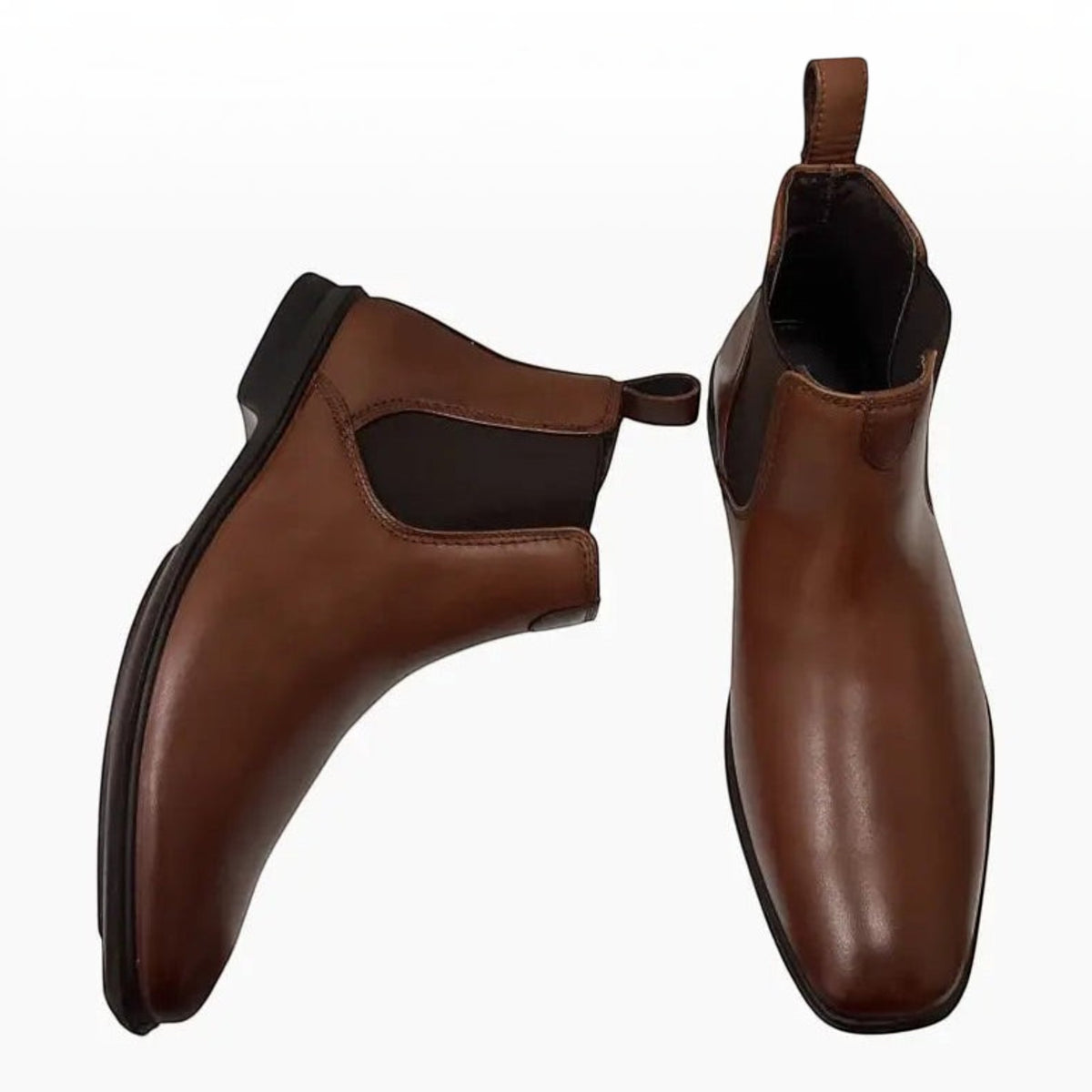 The Shoe Shop Hush Puppies tan burnished leather Chelsea boots with elastic side gussets and rear pull tabs.