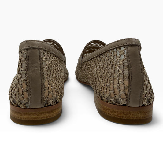 The Shoe Shop Irasy loafers in beige featuring a woven leather texture and a low stacked heel, rear view.