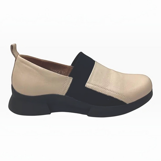 The Shoe Shop Jamaica slip-on shoe in cream leather and black fabric with a comfortable cushioned sole