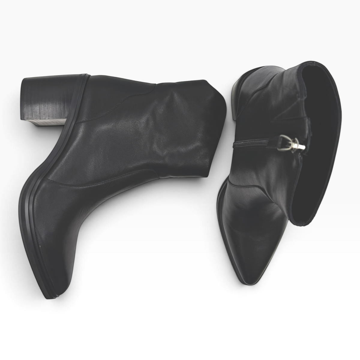 The Shoe Shop Janice black leather Western-inspired ankle boots with pointed toe and 70mm block heel