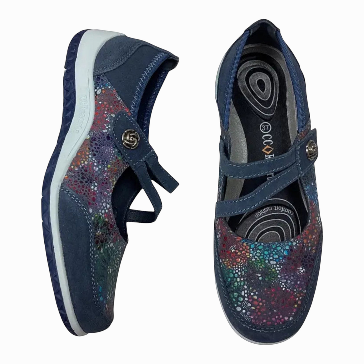The Shoe Shop Jasmyn flat shoe in navy leather with a colourful patterned toe and comfortable cushioned insole.
