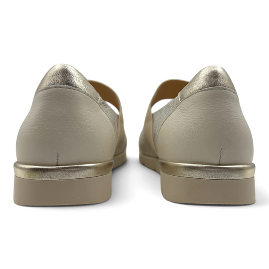 The Shoe Shop Jebba Mary Jane shoes in beige leather with metallic heel detailing, shown from the back view.
