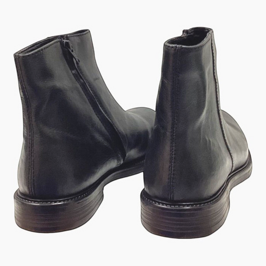 The Shoe Shop Julius Marlow Quest black leather ankle boots with internal zip and durable rubber sole, rear view.