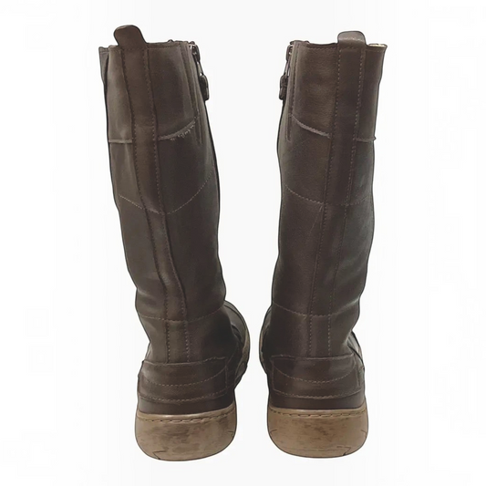 The Shoe Shop Kacper brown leather mid-calf boots with cushioned rubber soles and back pull tabs, rear view.