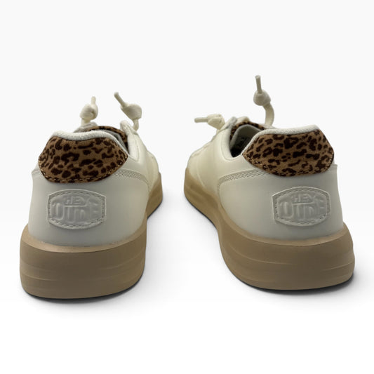 The Shoe Shop Karina Duo Classic sneakers in off-white with a leopard print heel tab and tan rubber sole