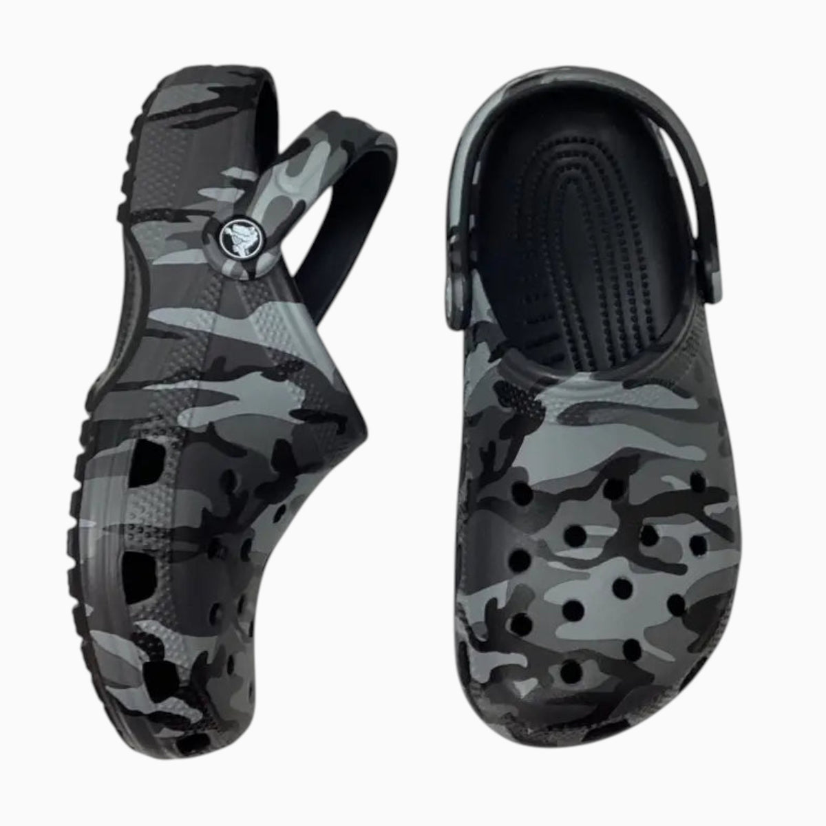 The Shoe Shop kids' classic clogs in a grey and black camo print with ventilation ports and pivoting heel straps.