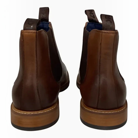 The Shoe Shop Lagoon brown leather Chelsea boots, rear view showing pull tabs and stacked wooden heels.