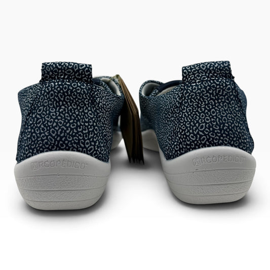 The Shoe Shop Lanin blue leopard print comfort shoes with white soles viewed from the back