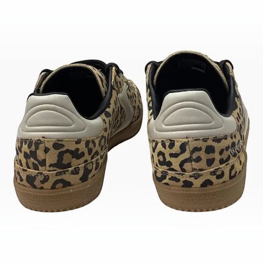 The Shoe Shop Skechers Hotshot leopard print suede court sneakers, back view showing rubber soles and heel detail.