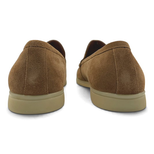 The Shoe Shop Lezly brown suede loafers featuring a durable rubber sole, shown from a rear angle.