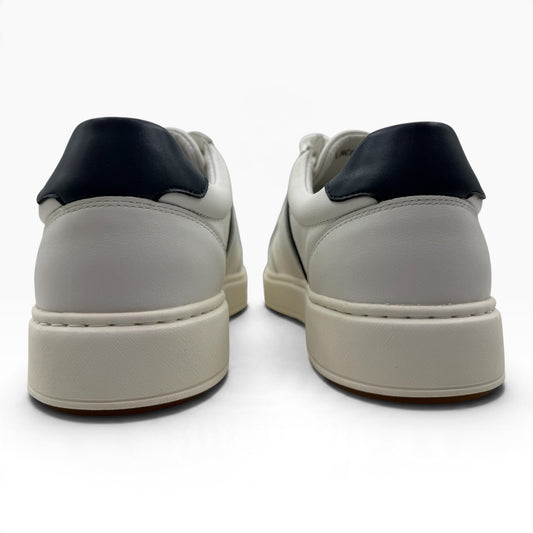 The Shoe Shop Lincoln white leather sneakers with navy blue heel tabs, viewed from the back.