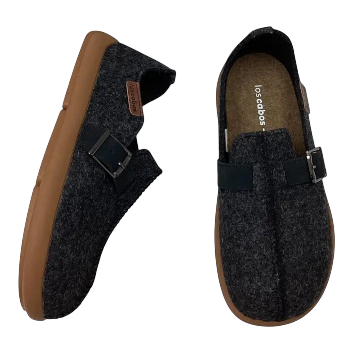 The Shoe Shop Los Cabos Feltsome graphite wool-blend felt slip-on shoes with adjustable buckle and gum rubber sole.