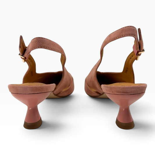 The Shoe Shop Spring mauve suede slingback heels with a unique sculptural kitten heel, back view