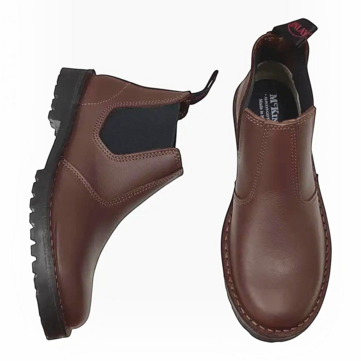 The Shoe Shop McKinlays Hunter brown leather jodhpur boots with elastic side panels and a rugged black lug sole.