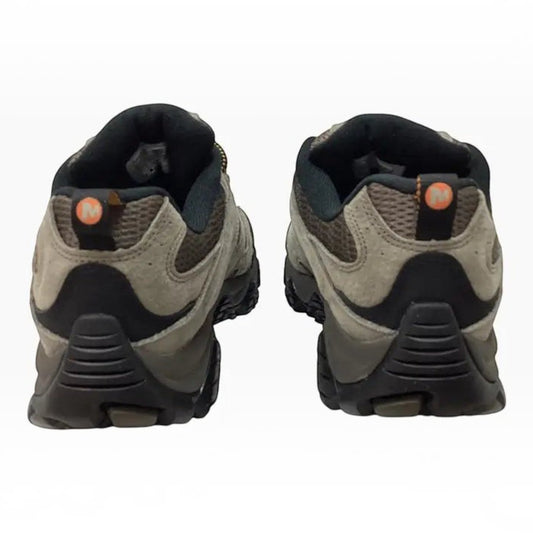The Shoe Shop Merrell Moab 3 hiking shoes seen from the back, featuring grey suede, mesh, and durable rubber outsoles.