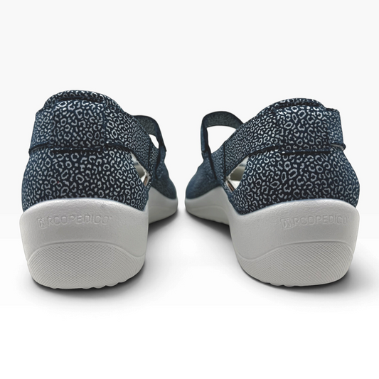 The Shoe Shop Minami navy blue patterned comfort shoes with a supportive grey sole, rear view.