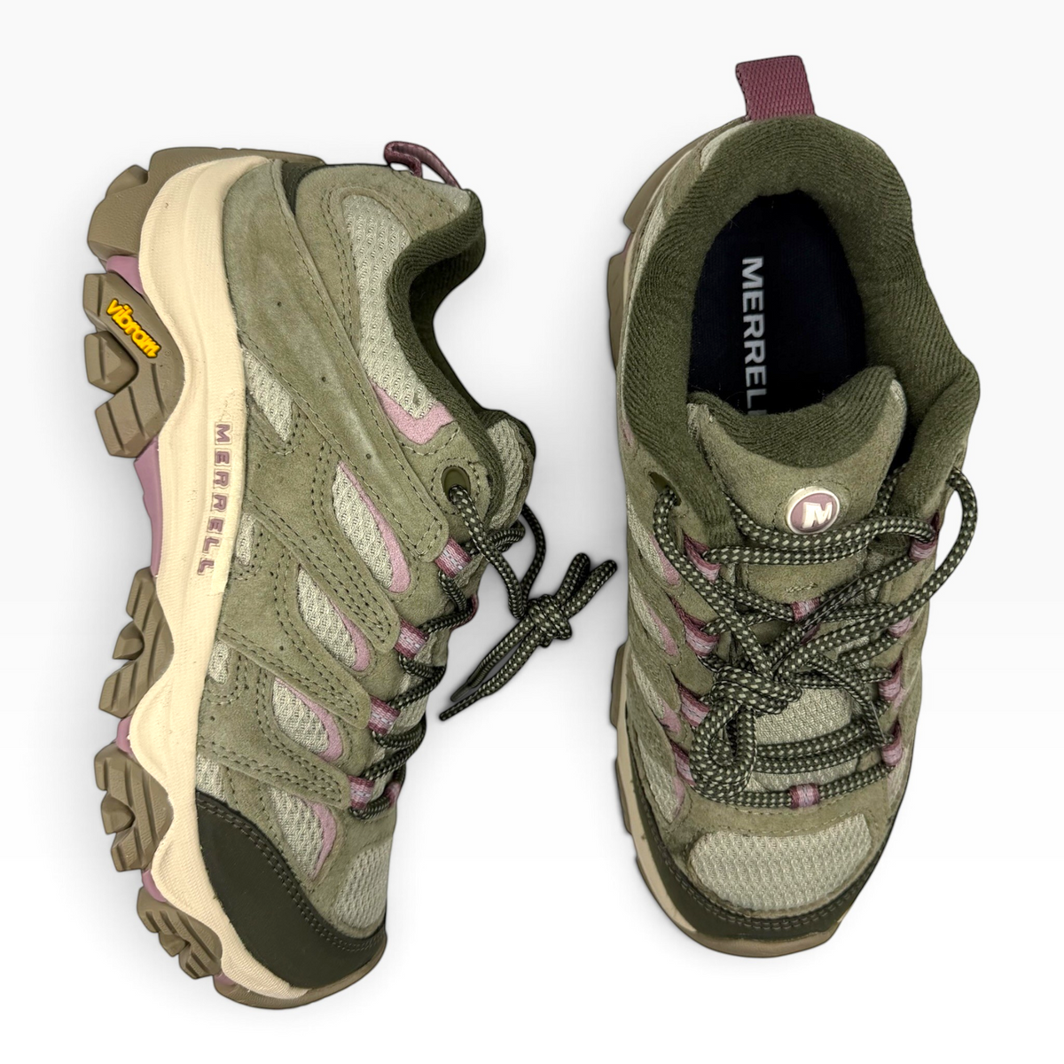 The Shoe Shop Moab 3 women's hiking shoes in olivine green suede and mesh with durable Vibram outsoles