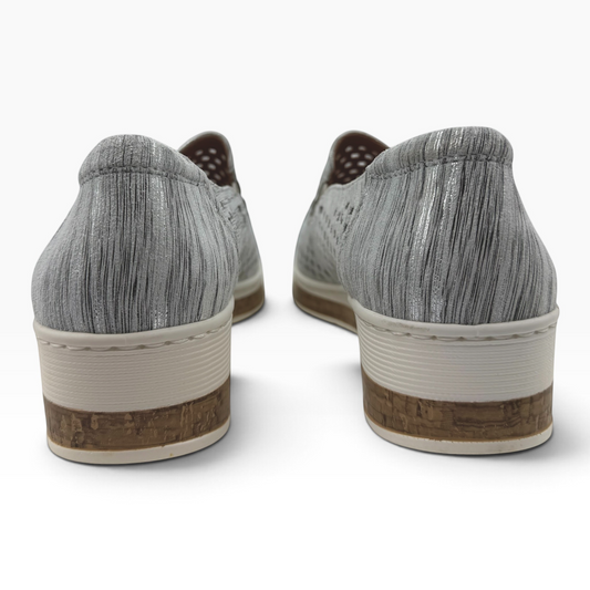 The Shoe Shop Monkey casual shoes in silver with a textured finish and a low-profile cork-effect sole, back view.