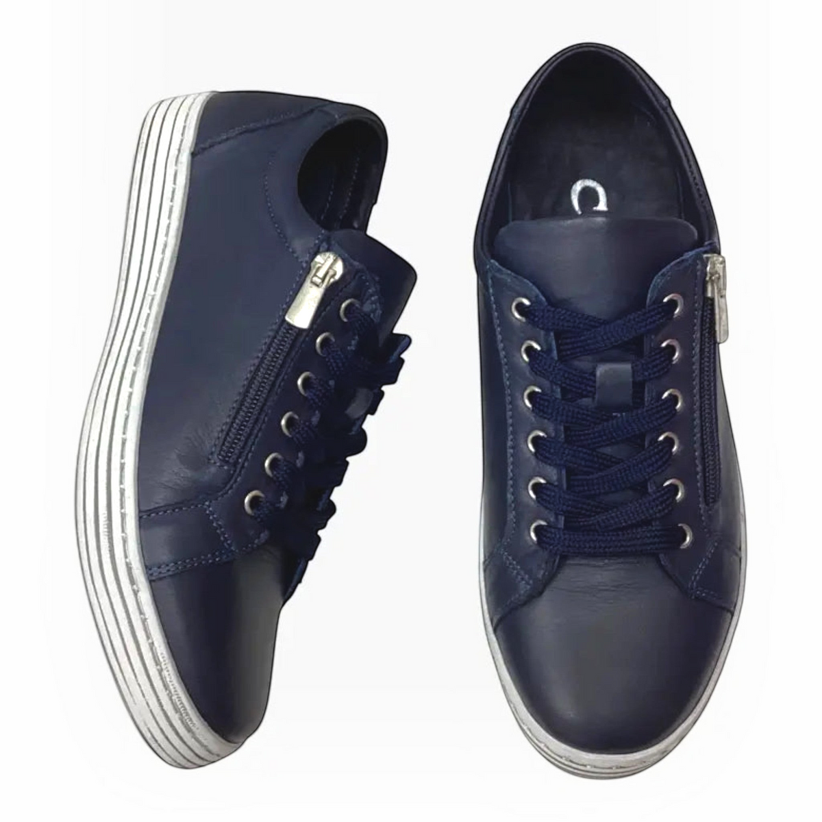 The Shoe Shop Cabello Unity navy leather sneakers with side zip, lace-up closure, and striped thermo sole.