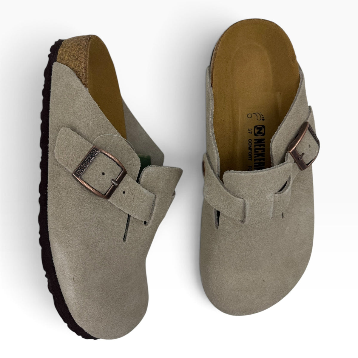 The Shoe Shop N2724 Neckermann beige suede clogs with adjustable metal buckle straps and cork footbeds.