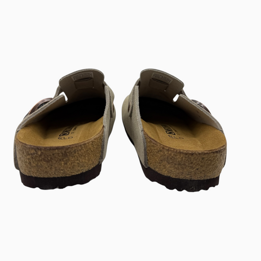 The Shoe Shop N2724 Neckermann beige suede clogs with cork footbeds and dark brown outsoles, rear view