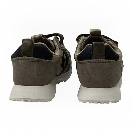 The Shoe Shop Omega Trainer infant shoes in grey suede with white EVA foam midsoles, viewed from the back.