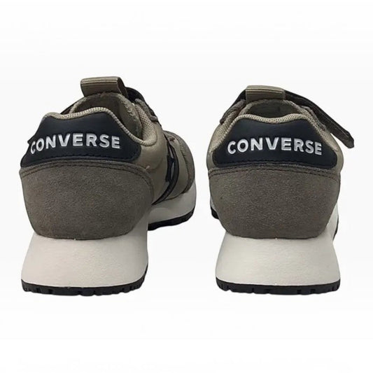 The Shoe Shop Omega Trainer 1V OX featuring grey suede, black heel tabs, and white midsoles, rear view.