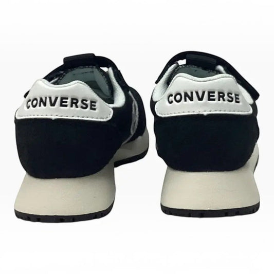 The Shoe Shop Omega Trainer OX youth sneakers in black suede with white Converse branding on the heel