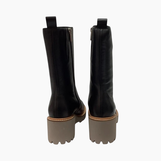 The Shoe Shop Pacard black leather ankle boots with dual zips, 65mm wedge heel, and chunky platform lug sole.
