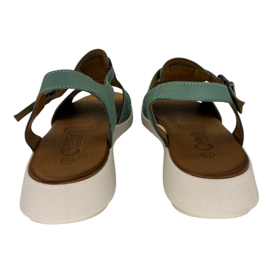 The Shoe Shop Penelope mint green leather sandals with adjustable straps and comfortable wedge heels, rear view.