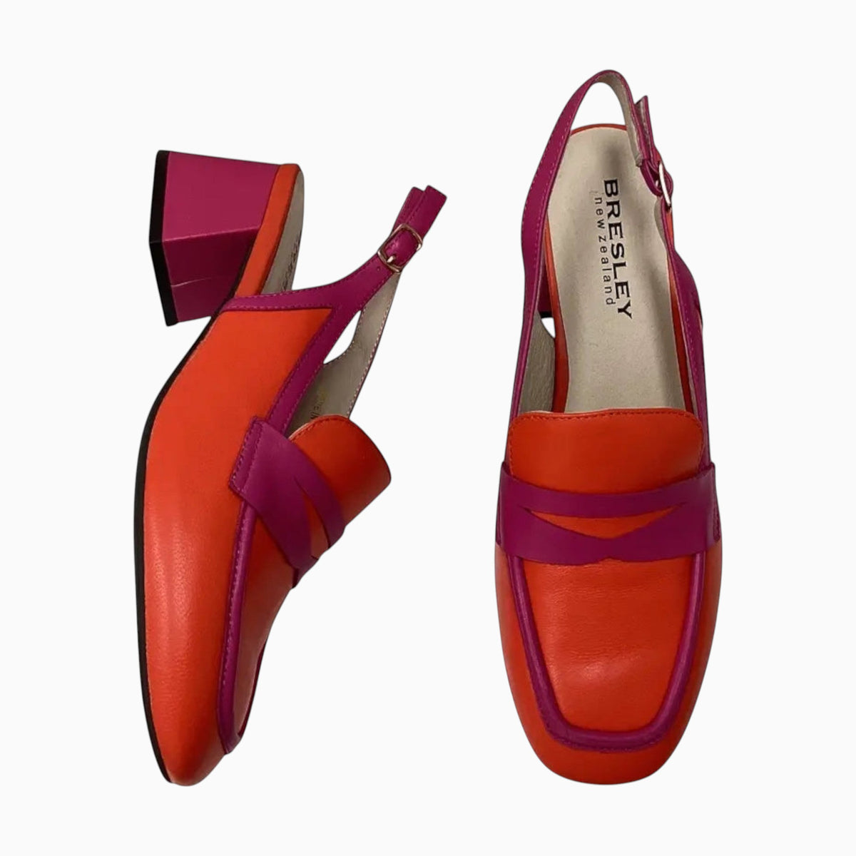 The Shoe Shop Peony slingback loafers in vibrant orange and pink leather with a 5.5cm block heel and buckle strap.