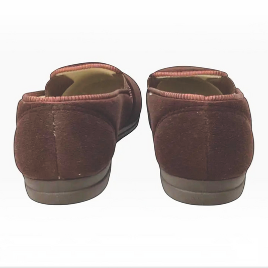 The Shoe Shop Grosby Percy slippers in chocolate brown velvet with a plush finish and slip-on design