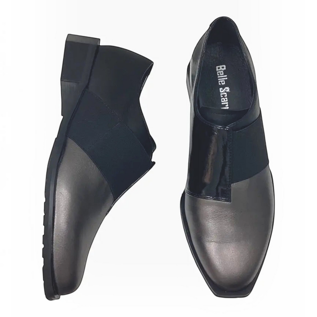 The Shoe Shop Belle Scarpe Raya pewter leather flats with black elastic strap and low block hexagonal heel