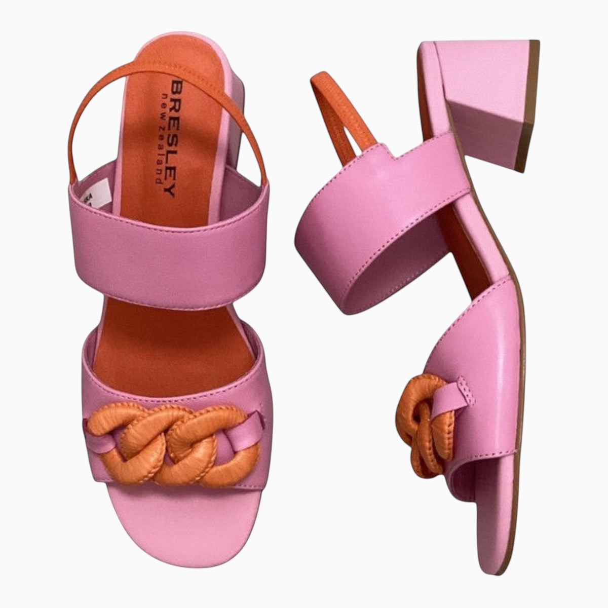 The Shoe Shop Alaska pink and orange slingback sandals with a chunky chain detail and a 5cm block heel.