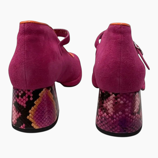 The Shoe Shop Podium Mary Jane heels in magenta suede with a patterned snakeskin block heel and adjustable strap.