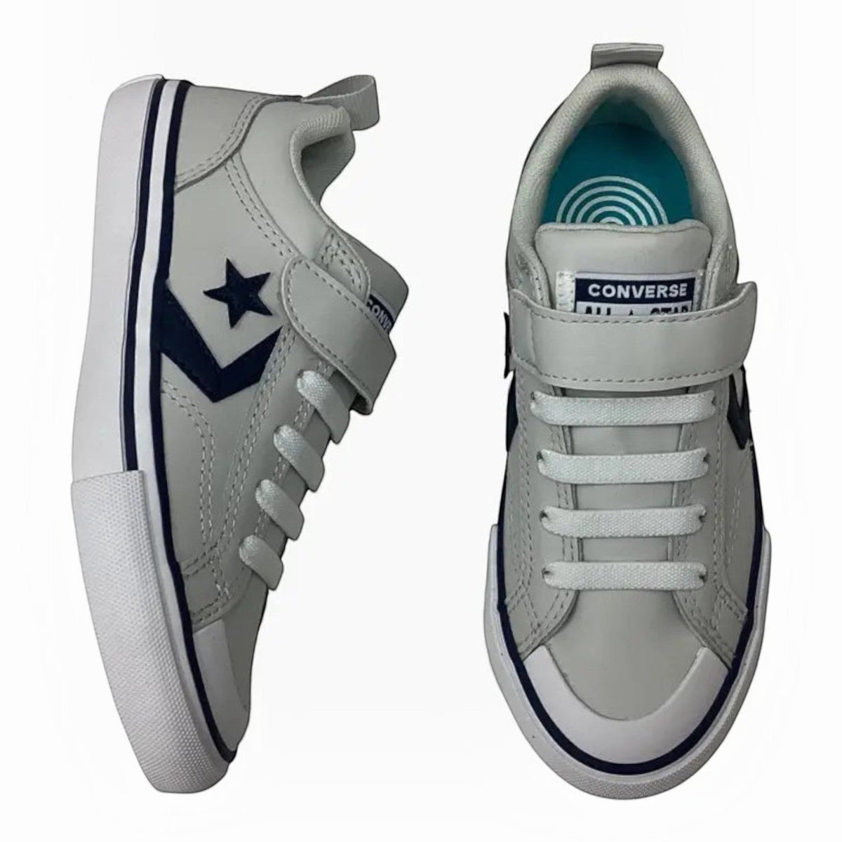 The Shoe Shop Pro Blaze Strap sneakers in grey leather with navy accents, adjustable strap, and elastic laces.