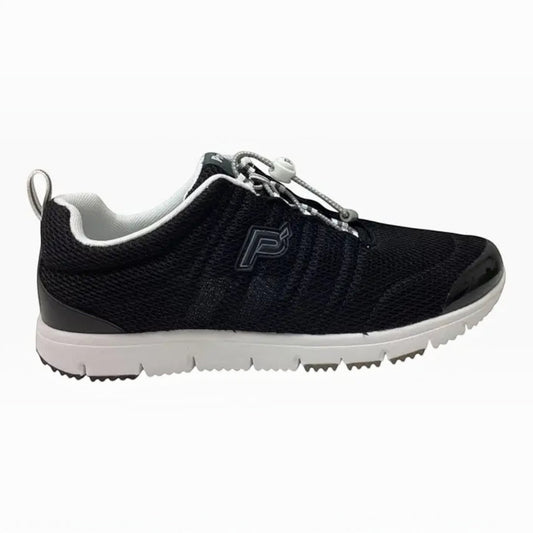 The Shoe Shop Propet Travel Walker black breathable mesh walking shoe with bungee toggle closure and white sole